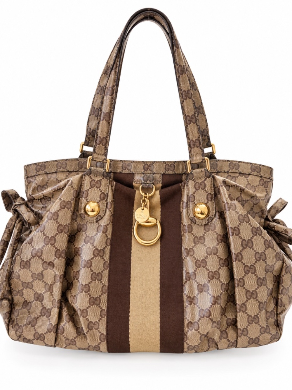 Gucci GG Brown Coated Canvas Crystal Monogram Web Tote w Bows Shoulder Bag